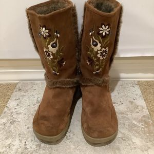 Report Floral Embroidered Leather Upper Balance Faux Fur Mid Calf Boots
